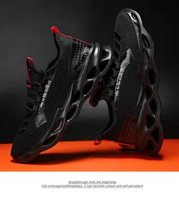 Detailed view of breathable knit mesh upper and wavy hollow cushioning sole on men shoes