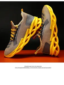 Detail of khaki men's running shoe with breathable mesh and hollow blade shock sole