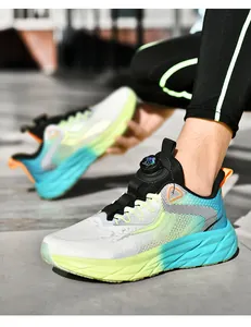 Detail of running shoe with quick-release rotary buckle and gradient breathable mesh