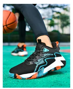 Close-up of high-top basketball shoes with wave patterns on a dynamic court background