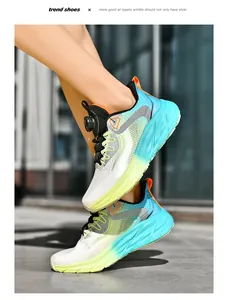 Close-up of lightweight mesh running shoes with rotary buckle lacing and thick EVA sole