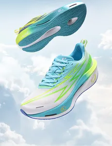Close-up of breathable mesh running shoes with blue and lime green color-blocking details