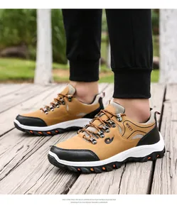 Detail view of khaki outdoor hiking shoes with EVA lightweight midsole and non-slip sole