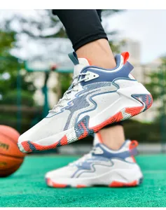 Detail of high-top basketball shoe with breathable flyweave mesh and orange serrated sole