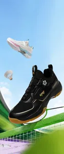 Detail view of breathable mesh professional badminton shoes with a non-slip gum rubber sole