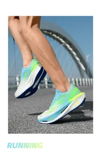 Low-angle shot of cushioned blue running shoes with lightning logo on an outdoor road