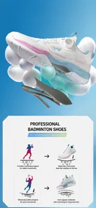 Detail of professional badminton shoes showing the anti-torsion TPU support plate and sole