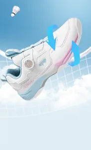 Detail of breathable mesh badminton shoe with knob lacing system and gradient sole