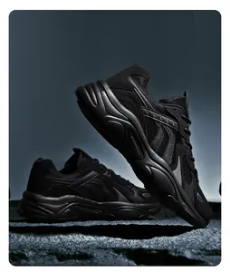 Detail of all-black chunky sneakers featuring breathable mesh and durable leather texture