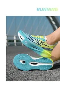 Detail of running shoe with gradient blue mesh and hollow cushioning outsole design