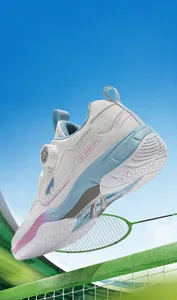 Detail of professional badminton shoe featuring breathable mesh and rotating buckle system
