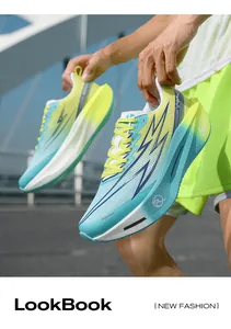 Detailed view of lightweight gradient running shoes with thick cushioned soles and vibrant laces