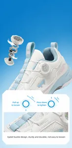 Detail of children's breathable sport shoes featuring an innovative rotary buckle system