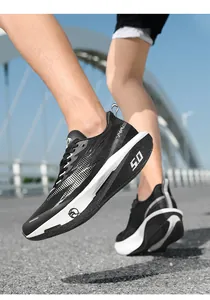 Close-up of cushioned sole and breathable knit upper on professional running sneakers