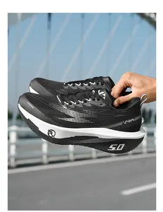 Detailed side view of cushioning running shoes with breathable mesh and VFAR logo design