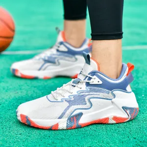 Men's breathable knit basketball shoes with rubber sole in blue and orange design