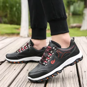 Men's outdoor hiking shoes in black and red with non-slip rubber soles for trekking