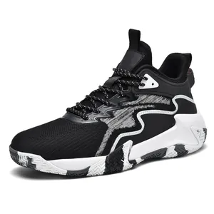 Men's breathable knit basketball shoes with rubber soles in high-top black and white