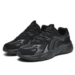 All-black chunky sneakers with breathable mesh, thick cushioned soles and casual design