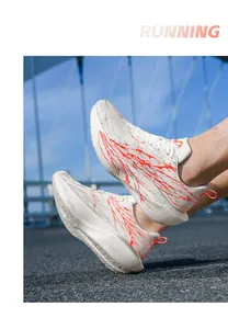 Running shoes with dynamic red flame pattern and breathable white mesh upper