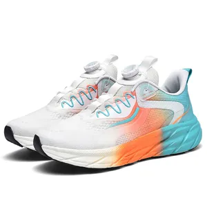 Breathable running shoes with rotating buckle and orange to blue gradient midsole