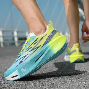 Dynamic low-angle shot of fluorescent gradient cushioned running shoes for outdoor sports