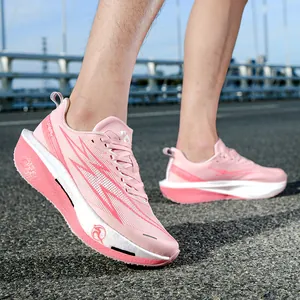 Pink cushioned running shoes for men and women with breathable mesh and thick soles