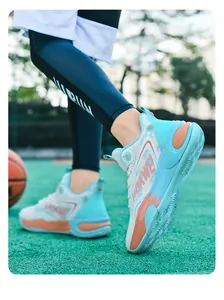 Dynamic view of mid-top basketball shoes with breathable mesh and grip rubber sole