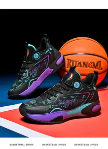 Close-up of shock-absorbing basketball shoes with purple and blue gradient accents