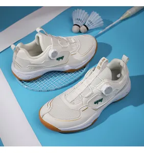 Detail of professional badminton shoes with breathable mesh and quick-lace rotary dial