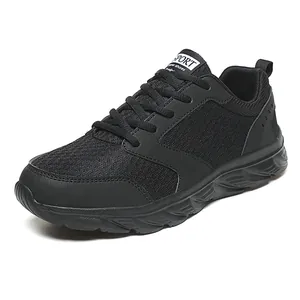 Men's breathable mesh running shoes in black with cushioned sole and lace-up closure