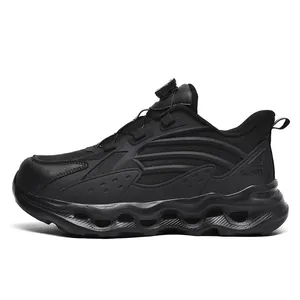 All-black steel toe safety shoes with breathable mesh and rotary dial buckle system