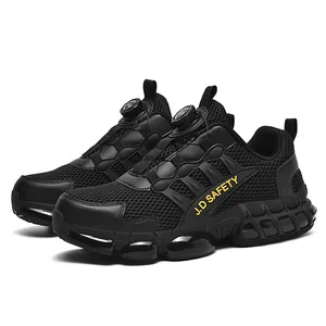 Men's safety shoes with steel toe, breathable mesh, and rotating buckle system