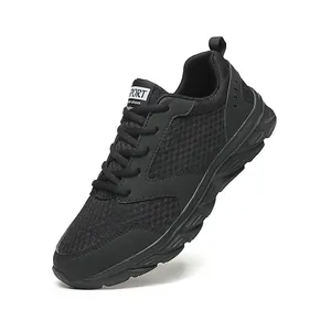 Detailed side view of breathable black mesh men's sneaker with thick white textured sole