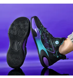 Black basketball shoe featuring purple and cyan gradient TPU support and ripple sole detail