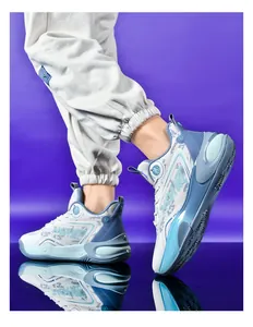 Mid-top basketball shoes with blue and white breathable mesh on modern gradient background