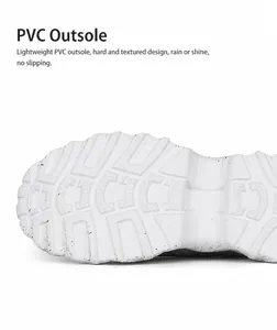 Detail view of white PVC outsole with deep anti-slip texture for durable grip