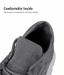 Detail showing soft breathable lining and grey knit mesh material of casual sneakers