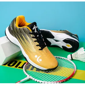 Detail view of yellow badminton shoes with breathable mesh and anti-slip cushioning sole
