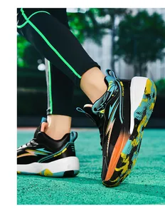 Close-up of black basketball shoe featuring blue and orange lightning star design
