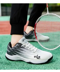 Detail view of non-slip badminton shoes featuring breathable mesh and synthetic leather