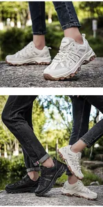 Detail of outdoor hiking shoes with breathable mesh and rugged rubber anti-slip soles