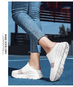 Detailed close-up of breathable mesh material on white athletic sneaker mules