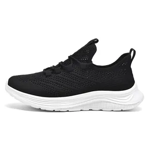 Men's breathable black knit running shoes with thick cushioned white soles for summer