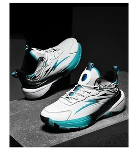 Detailed side view of professional boys basketball shoes in white with teal lightning accents