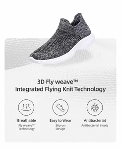 Detail of 3D Fly weave breathable fabric and slip-on design of the athletic shoe