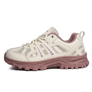 Retro outdoor hiking shoes with chunky sole and breathable mesh in beige and pink