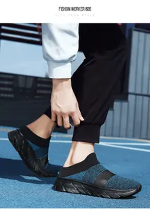 Detail of navy knit slip-on sneaker mules with breathable mesh and thick sport soles