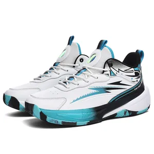 Men's professional basketball shoes in white and blue featuring shock-absorbing rubber soles
