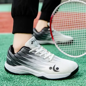 Professional badminton sports shoes in white and black gradient with breathable mesh surface